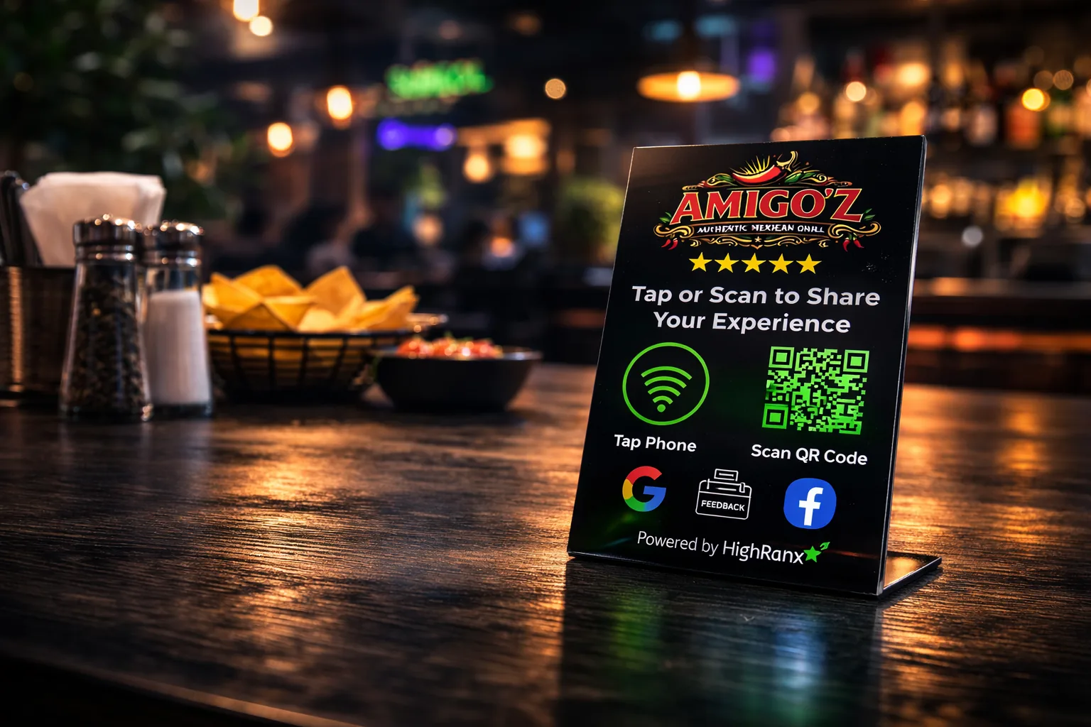 Smart Plax tabletop plaque on a restaurant table