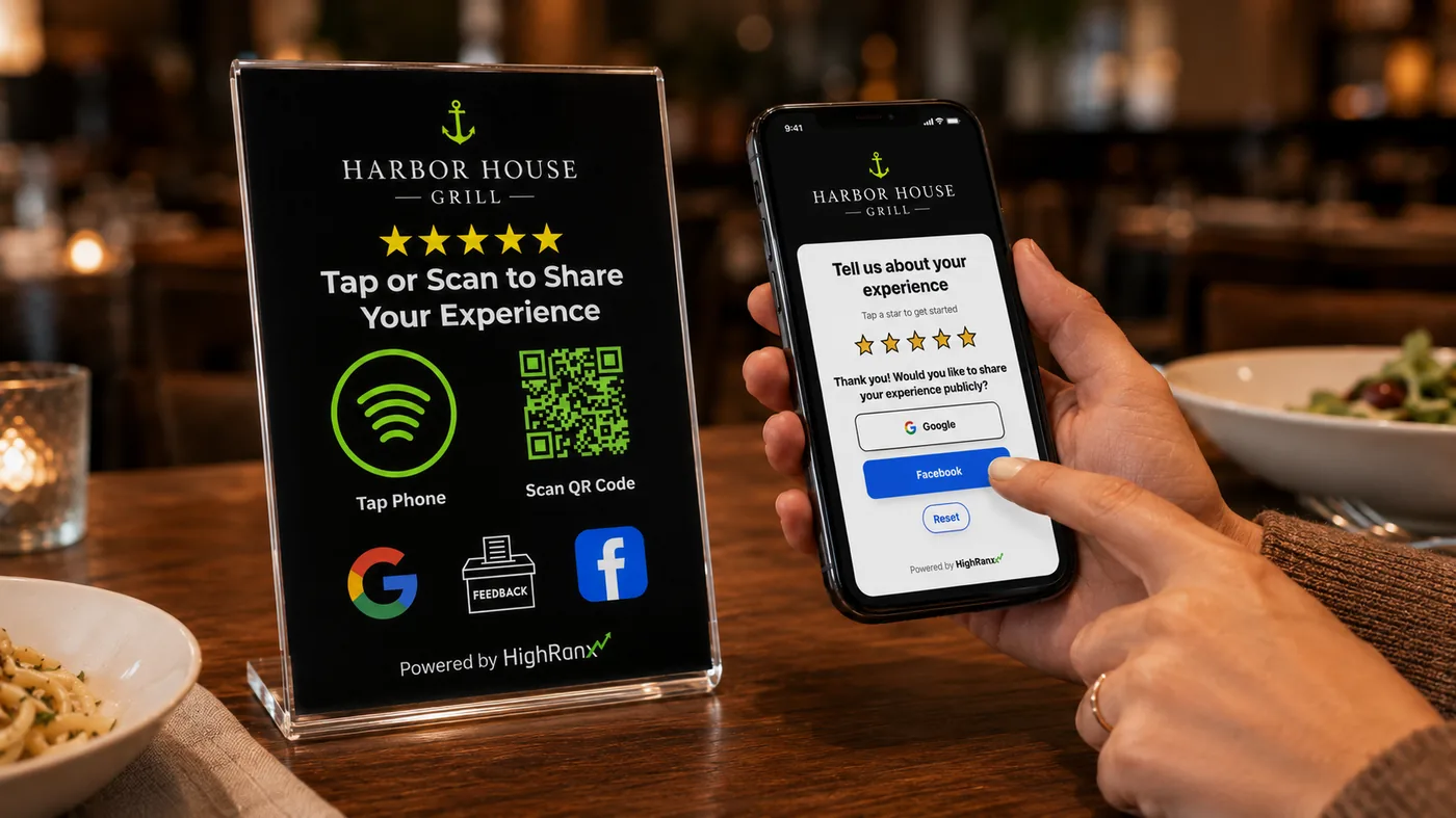 Restaurant guest using a HighRanx Smart Plax™ to leave a review at the table